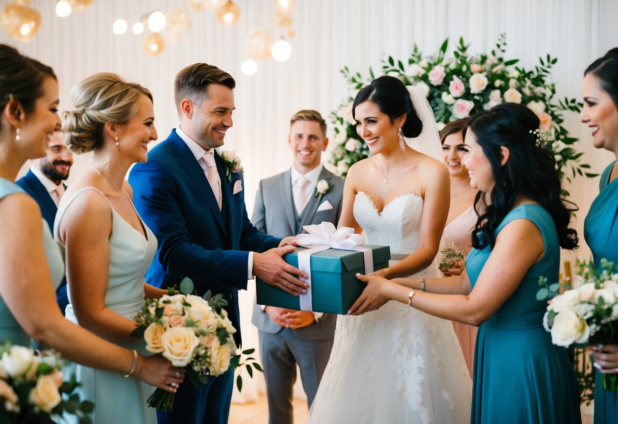 A bride and groom exchange gifts with their bridal party, surrounded by flowers and wedding decor