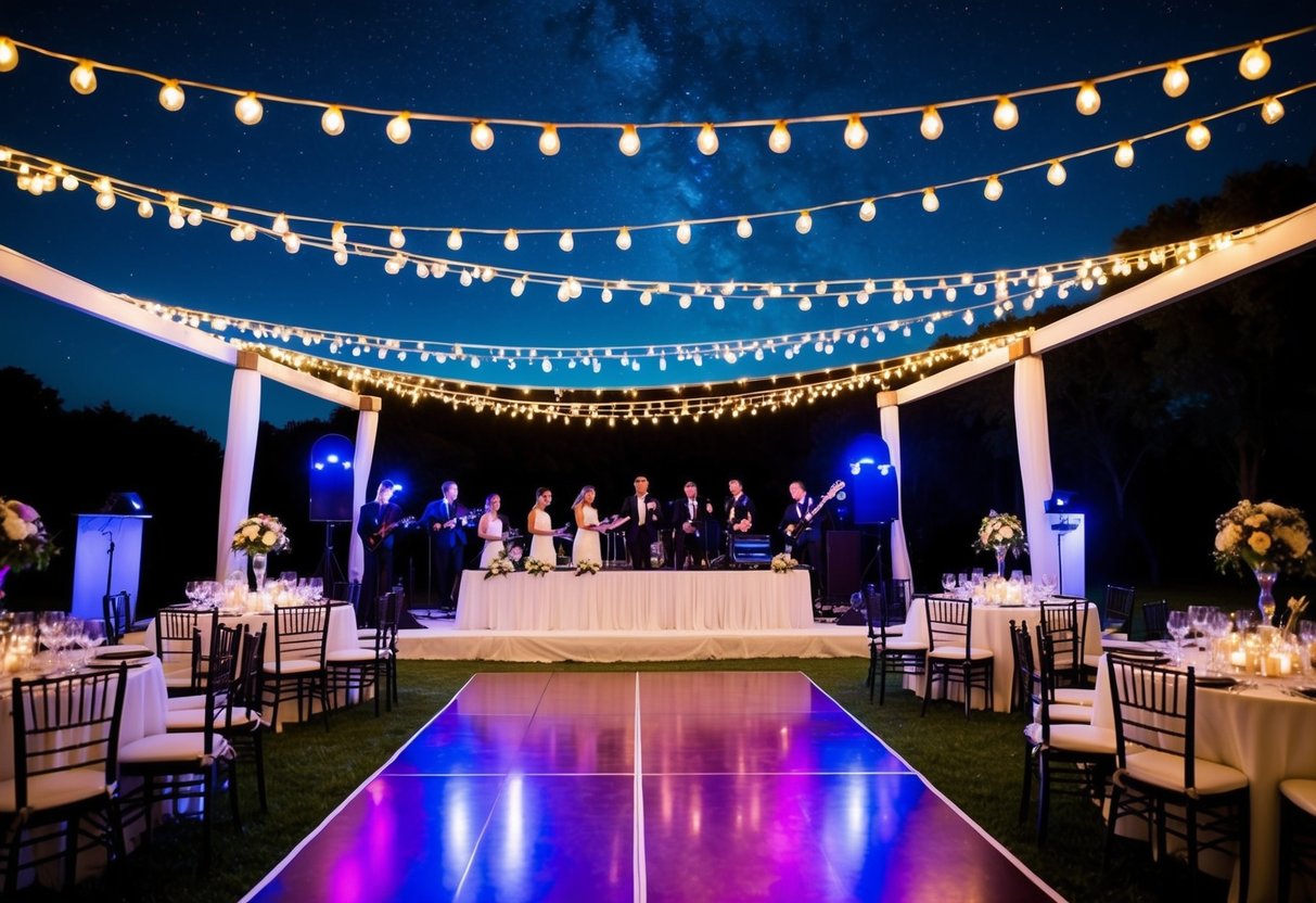 Colorful lights illuminate an outdoor wedding reception with a dance floor, live band, and elegant table settings under a starry night sky