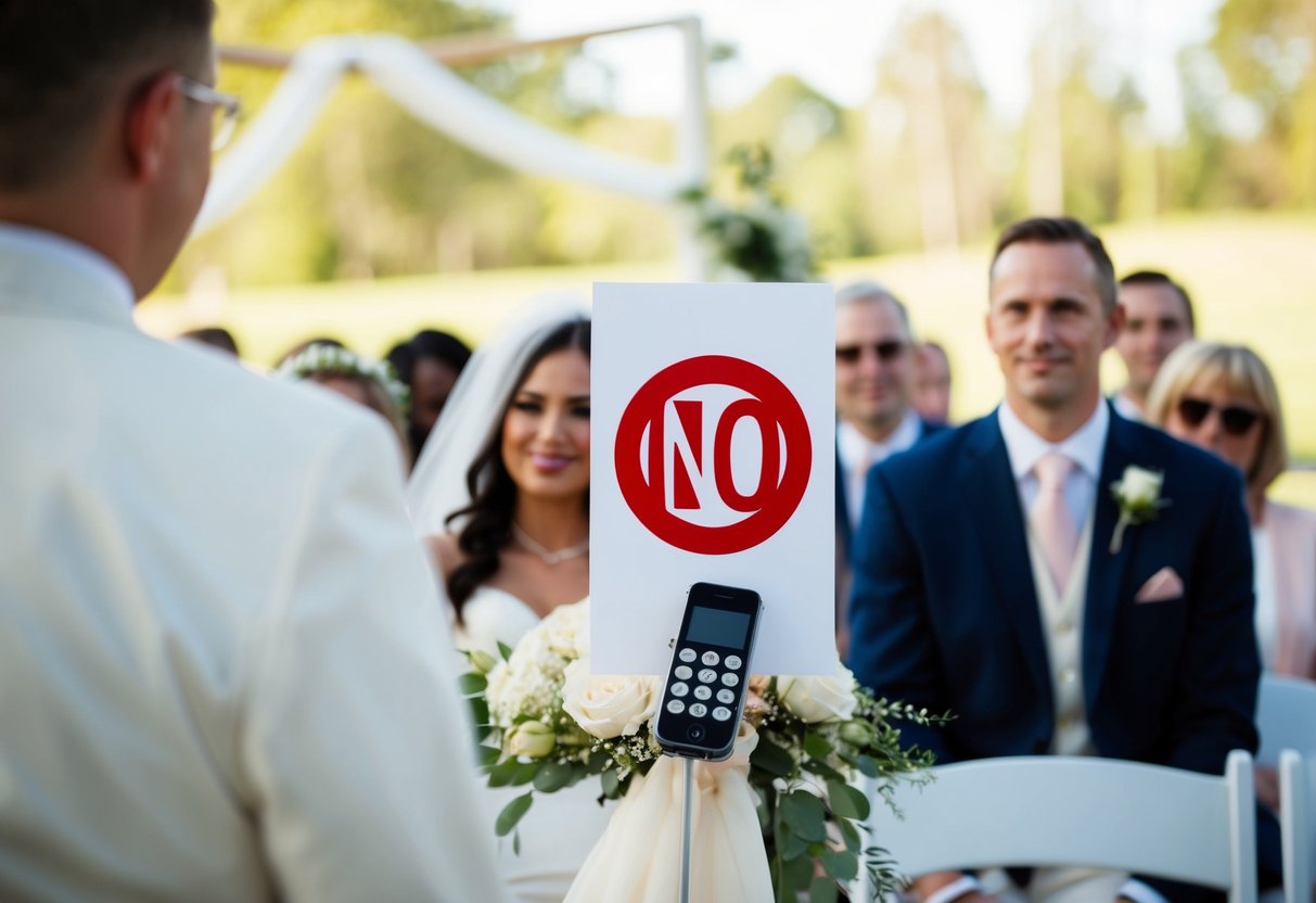 A wedding ceremony with a sign showing a phone with a red "no" symbol over it