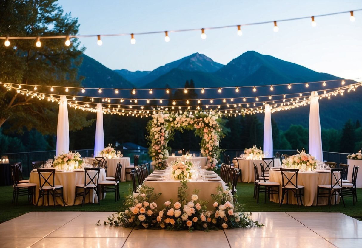 A grand outdoor wedding reception with twinkling string lights, elegant floral arrangements, and a stunning backdrop of mountains and a sunset