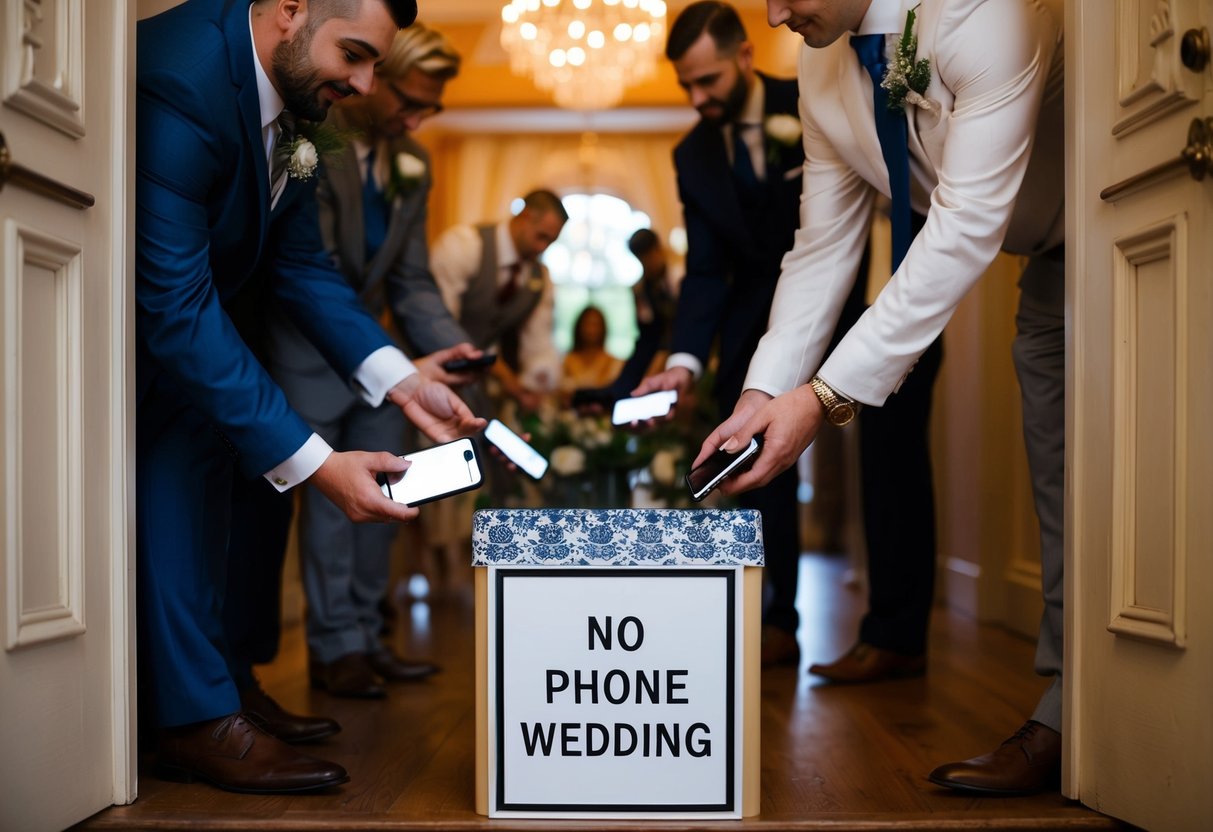 Guests placing their phones in a decorative box at the entrance, with a sign displaying the "No Phone Wedding" rule