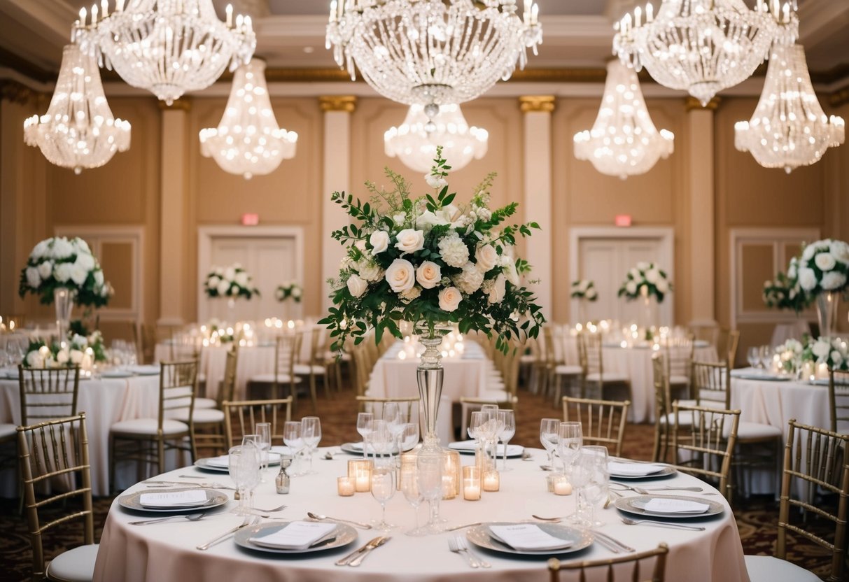 A classy wedding set in a grand ballroom with crystal chandeliers, ornate floral arrangements, and elegant table settings