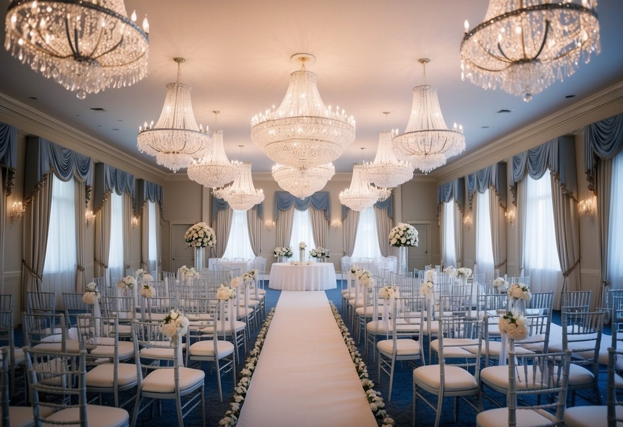 A grand ballroom with crystal chandeliers, elegant drapery, and ornate furnishings set for a formal wedding ceremony