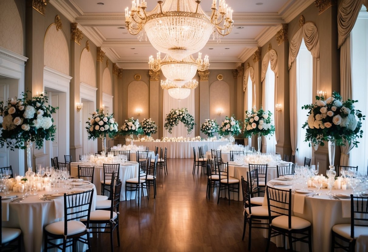 A grand ballroom with ornate chandeliers and elegant floral arrangements, set for a formal wedding reception