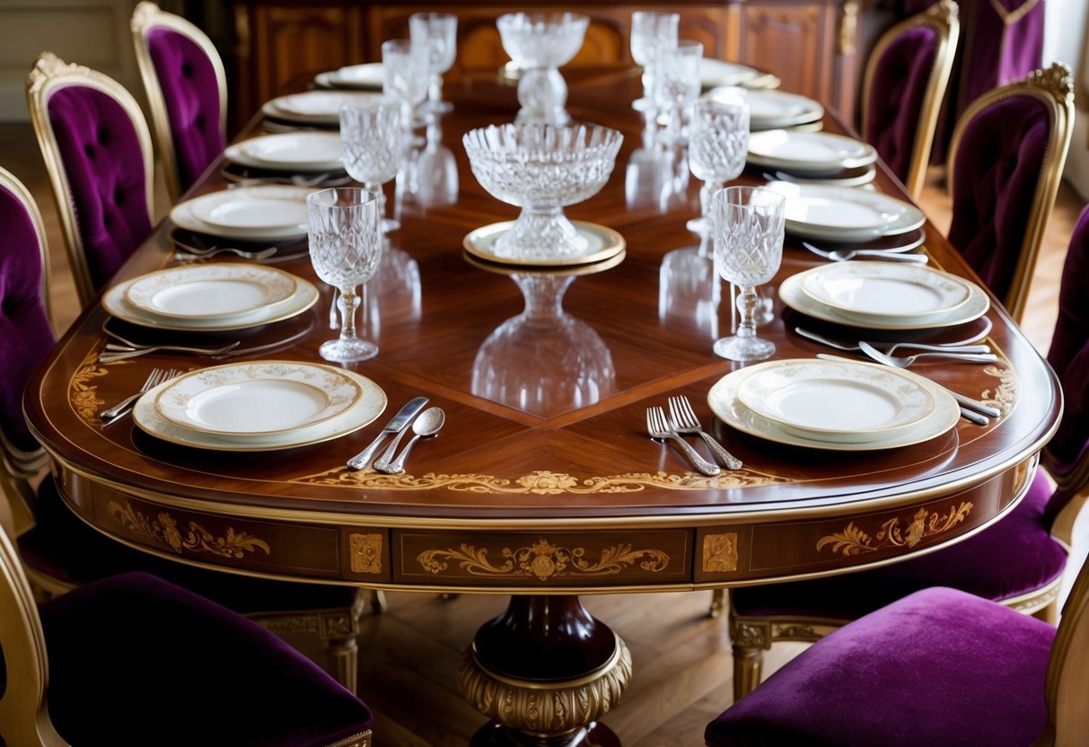 A polished wooden table with ornate carvings and inlaid gold accents, set with fine china and crystal glassware, surrounded by plush velvet chairs