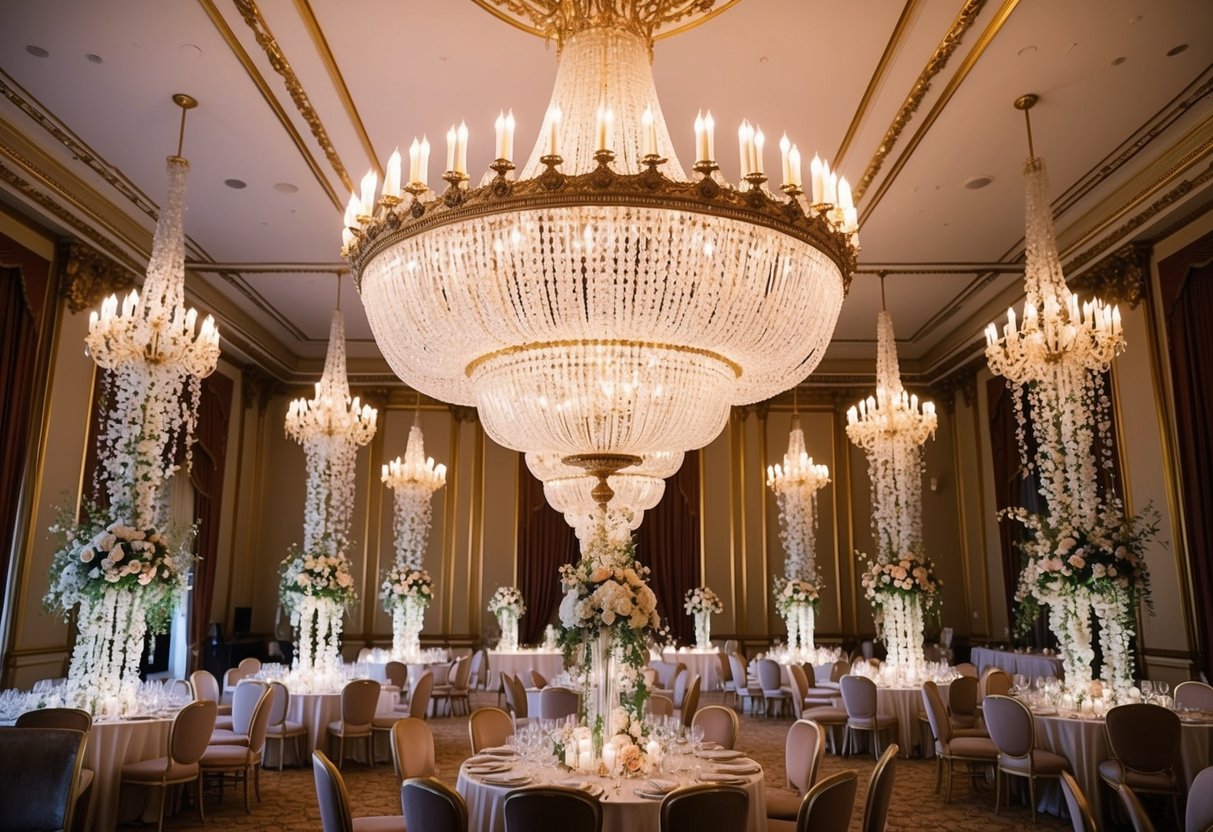 A grand chandelier illuminates an elegant ballroom with ornate gold trim, plush velvet seating, and cascading floral centerpieces