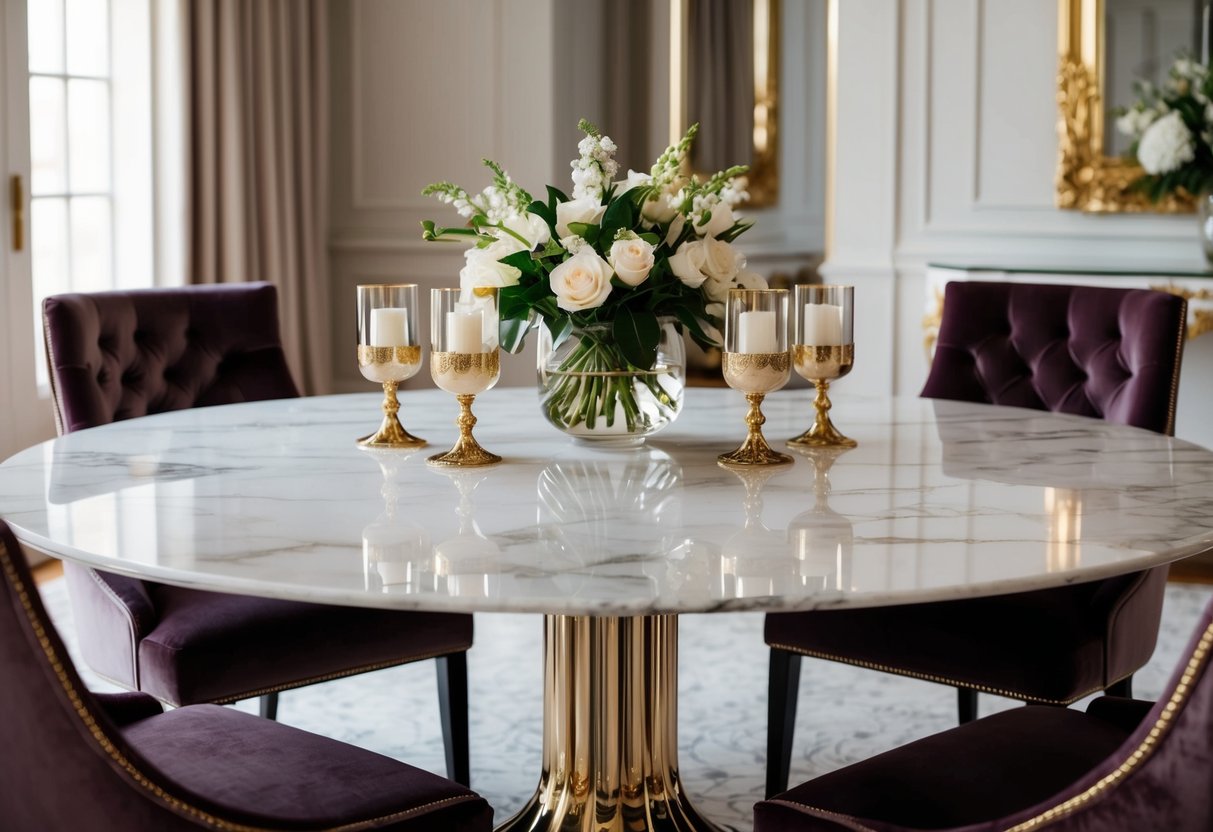 A sleek marble table adorned with elegant gold accents and surrounded by plush velvet chairs in a luxuriously decorated room