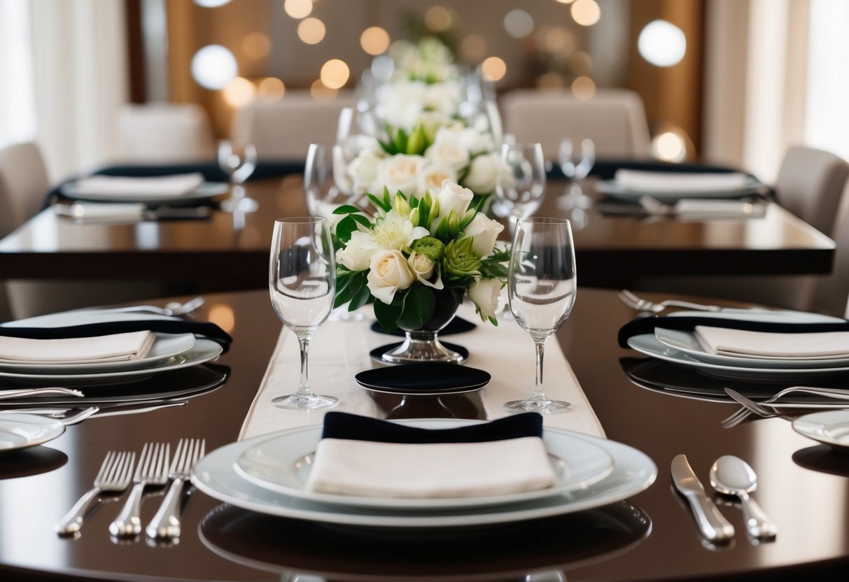 A sleek, glossy wooden table adorned with a luxurious table runner, elegant centerpiece, and polished silverware