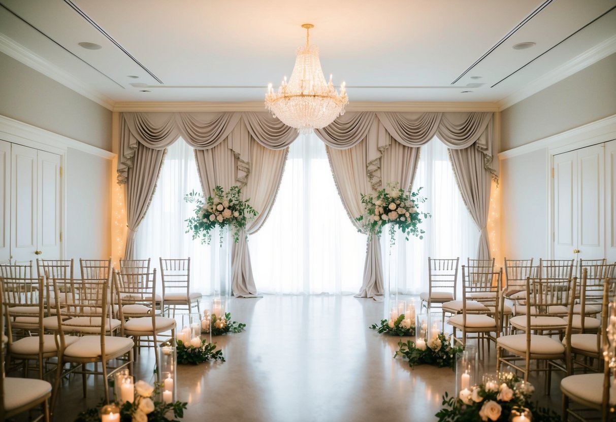 A plain room transformed with elegant drapery, twinkling lights, and floral arrangements for a wedding