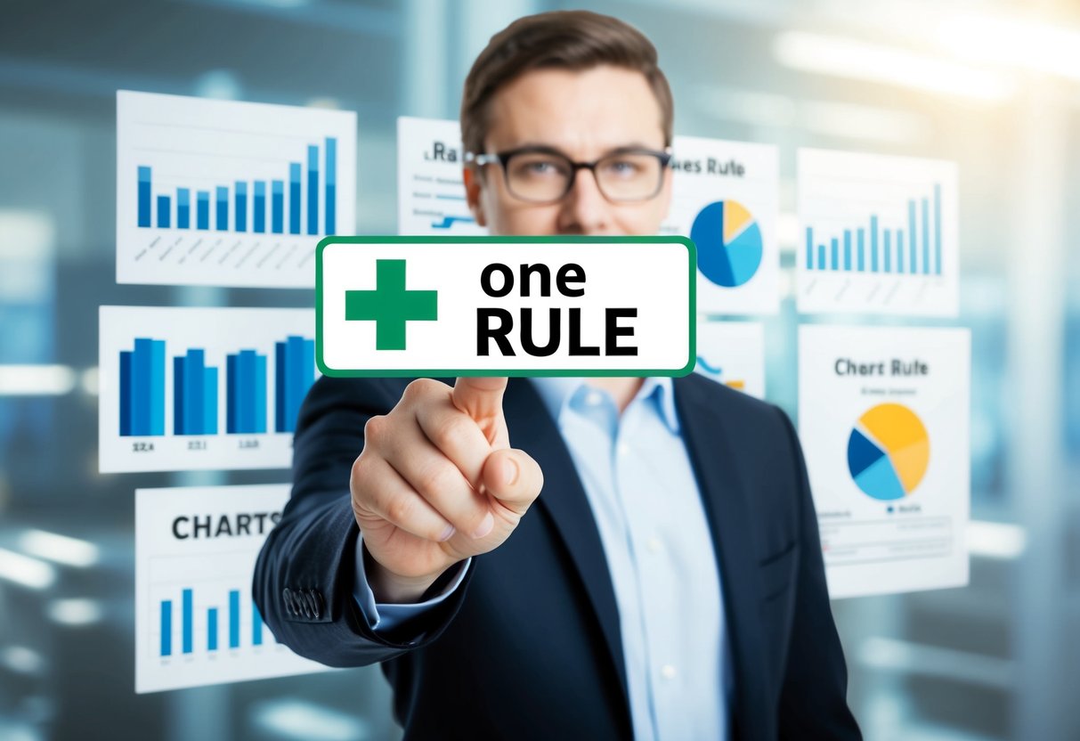A person pointing to a sign with a plus one rule symbol, surrounded by charts and graphs