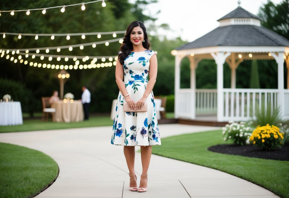 A woman in a knee-length floral dress and heels, holding a small clutch, stands in a garden with a gazebo and string lights for a small wedding reception
