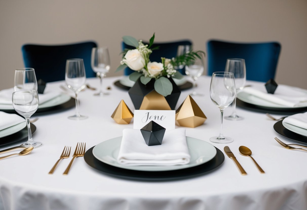 A simple, modern wedding table with white linens, geometric centerpieces, and a single, elegant place setting