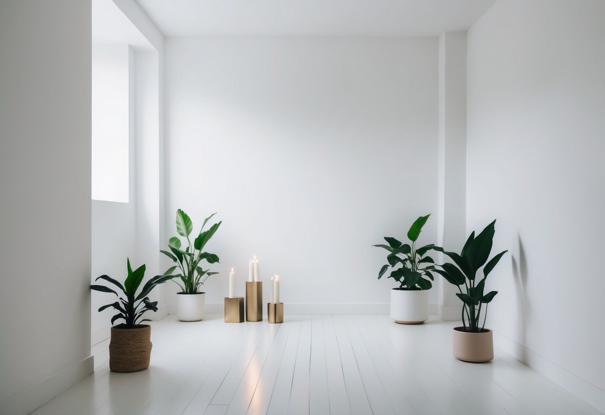 A simple, clean space with white walls and floors. A few potted plants and minimalistic decor such as geometric shapes and candles