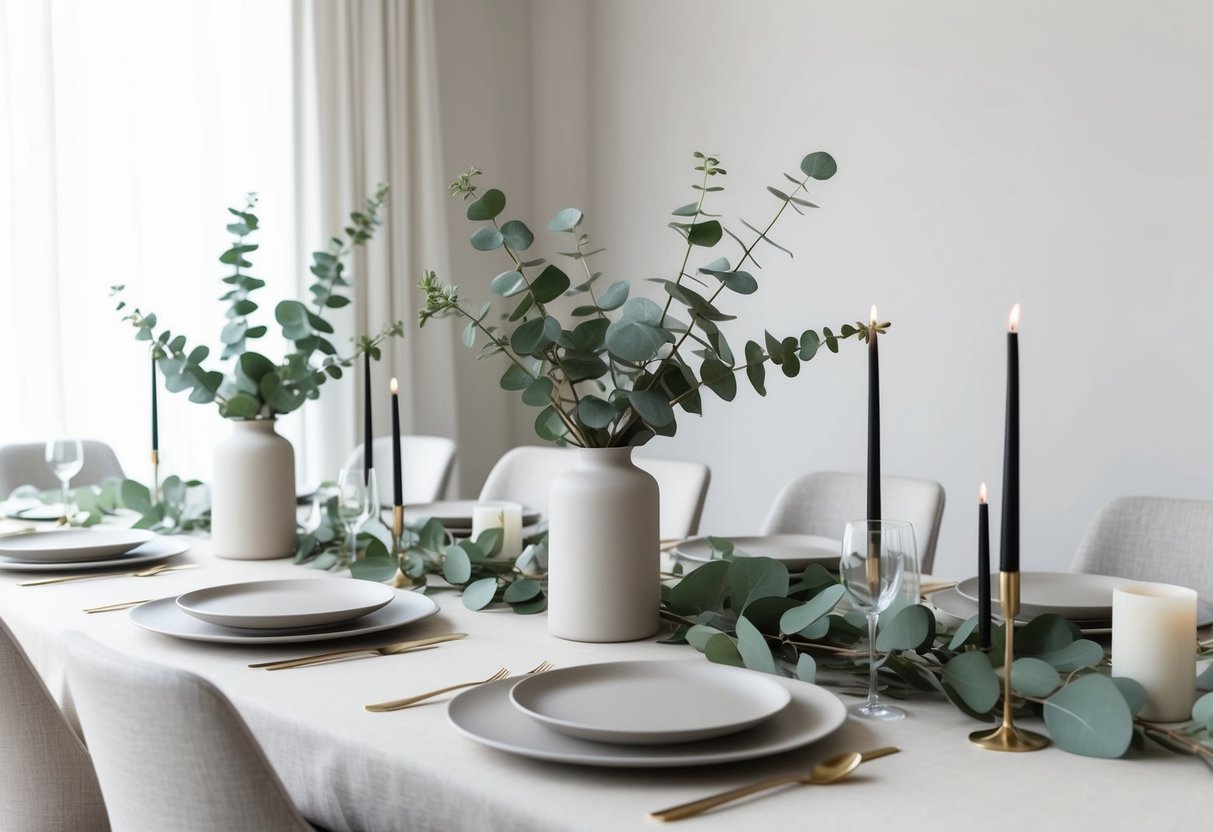A simple, elegant tablescape with neutral color palette, clean lines, and minimal decor. Eucalyptus centerpieces and modern tableware complete the look