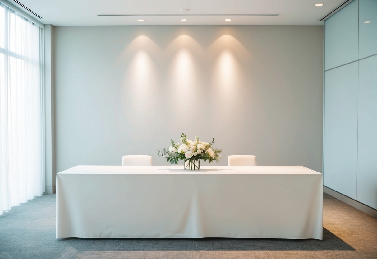 A simple, modern reception space with clean lines, neutral colors, and minimal decor. A single, striking centerpiece adorns the sleek table