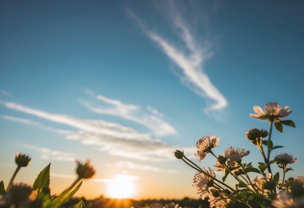 A sunny outdoor wedding with clear blue skies, blooming flowers, and a romantic sunset