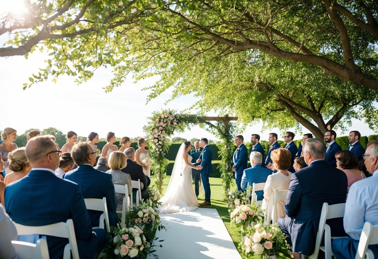 A sunny, outdoor wedding ceremony with blooming flowers and lush greenery, surrounded by happy guests