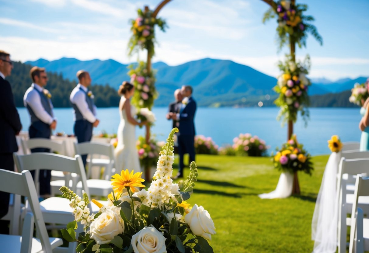 A sunny outdoor wedding ceremony with blooming flowers and a picturesque view of a lake or mountains in the background