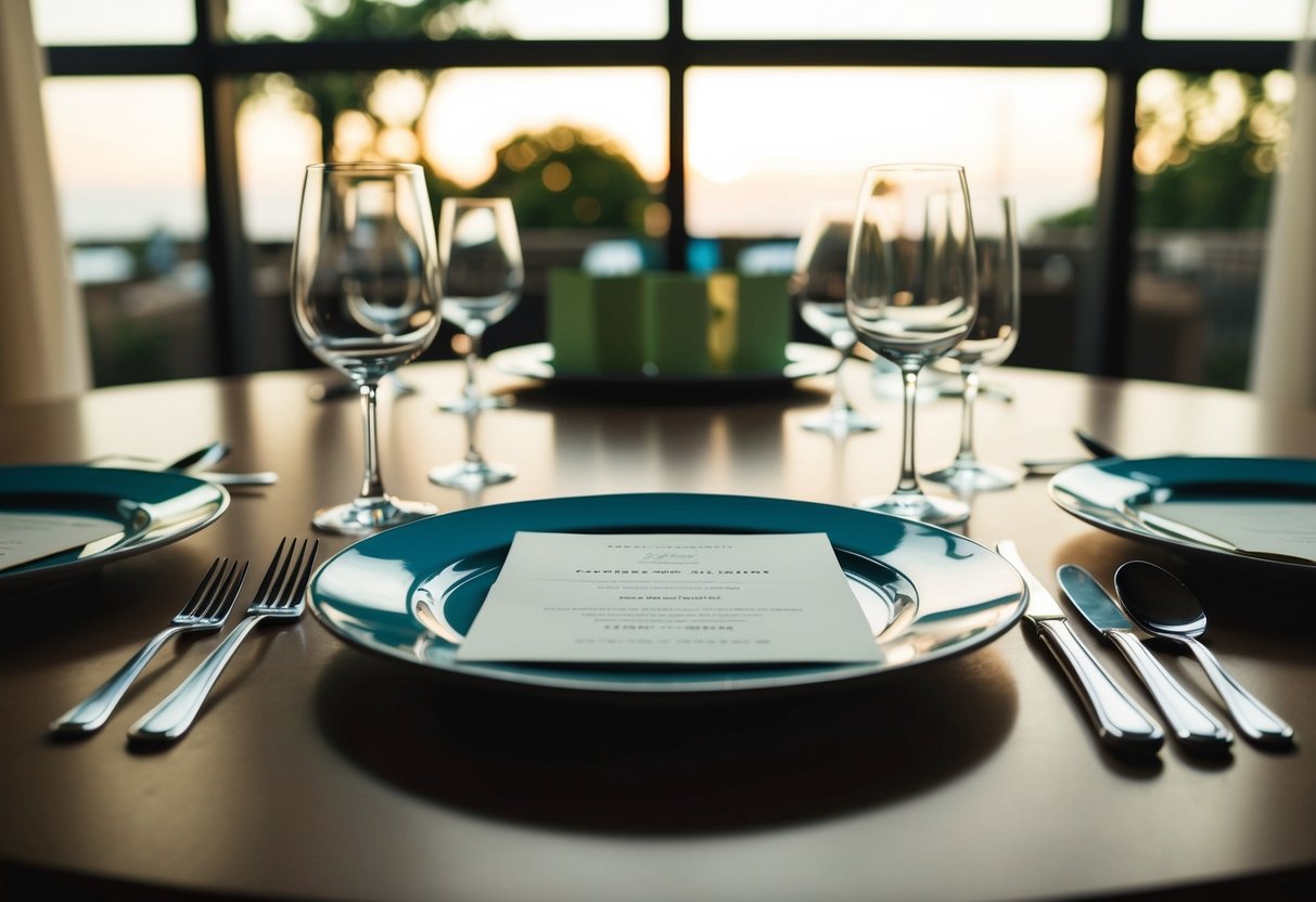 An empty table set with plates, glasses, and a single unopened invitation