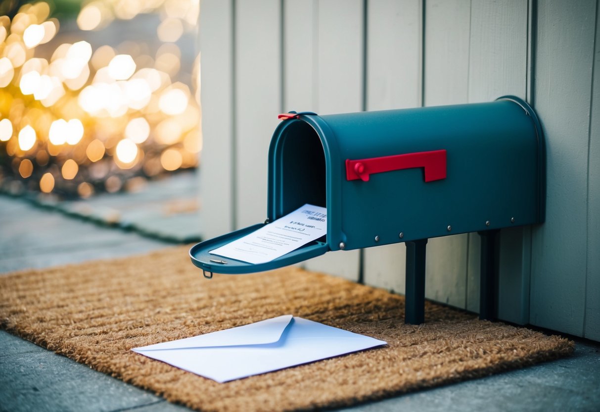An empty mailbox with an unopened invitation lying on the doormat