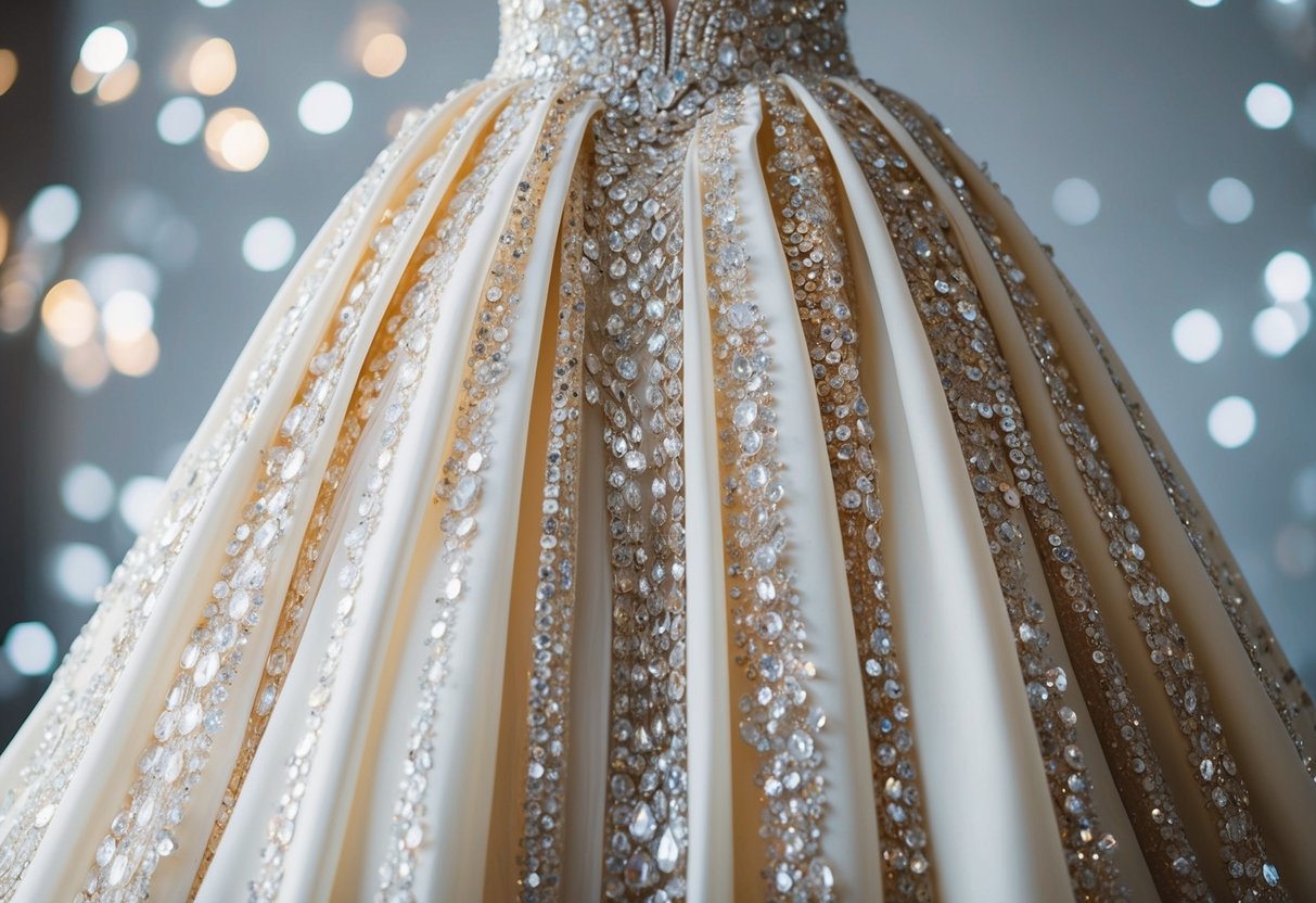 Sparkling jewels and shimmering sequins cascade down the cascading layers of a luxurious wedding gown, catching the light and adding a touch of glamour to the already stunning dress