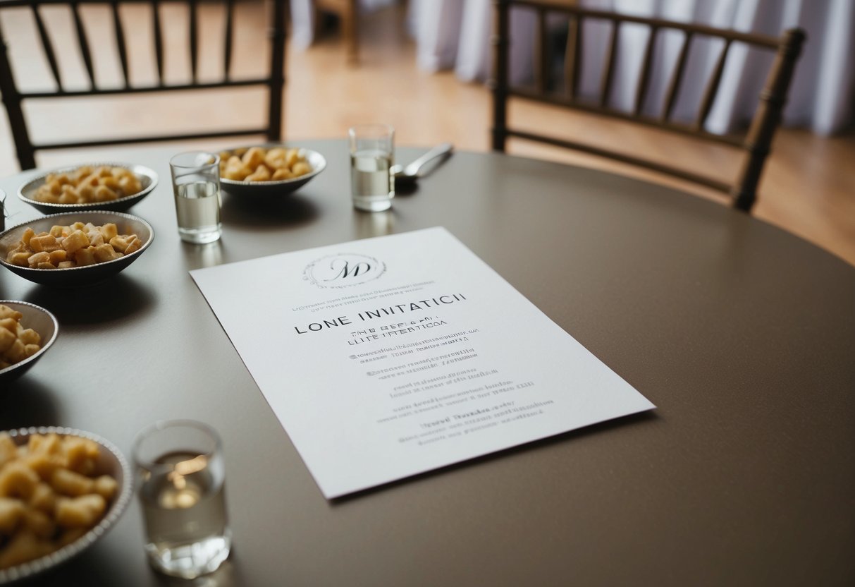 A lone invitation lies on a table, surrounded by empty chairs and untouched refreshments