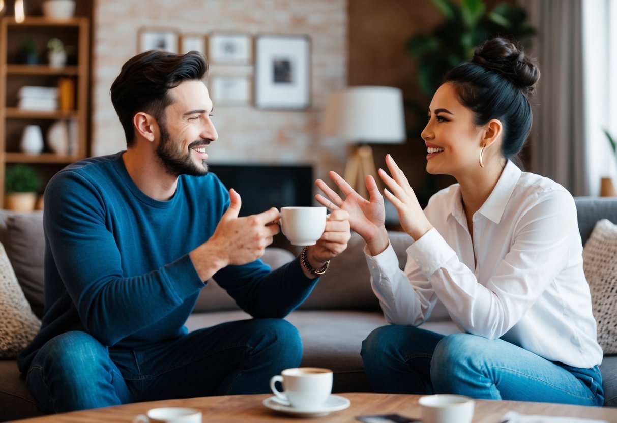 A cozy living room with two friends chatting over coffee, one gesturing enthusiastically while the other nods and smiles in agreement