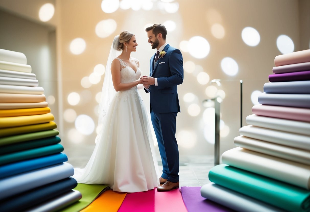 A bride and groom stand surrounded by swatches of different colored fabrics, pondering the perfect hue for their wedding