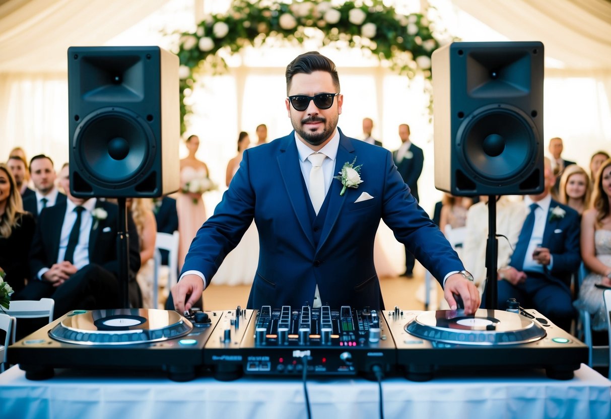 A DJ stands behind a set of turntables and speakers at the front of a wedding ceremony, playing music while guests watch