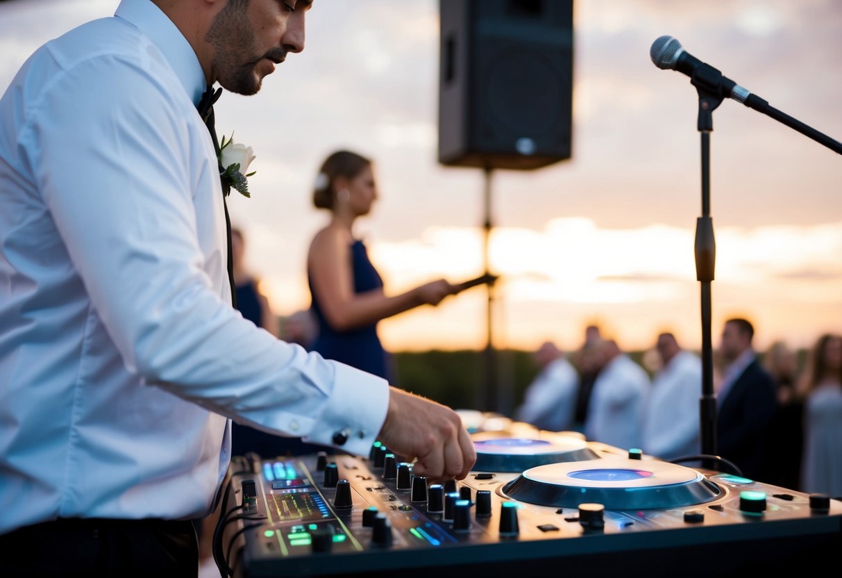 A DJ at a wedding, standing behind a booth, mixing music and controlling the sound for the ceremony