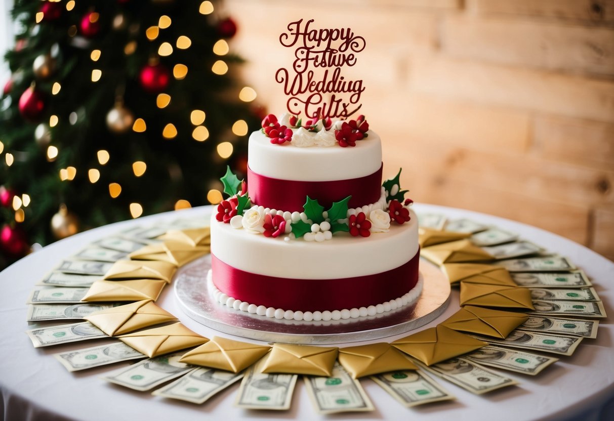 A festive wedding cake surrounded by envelopes of cash gifts
