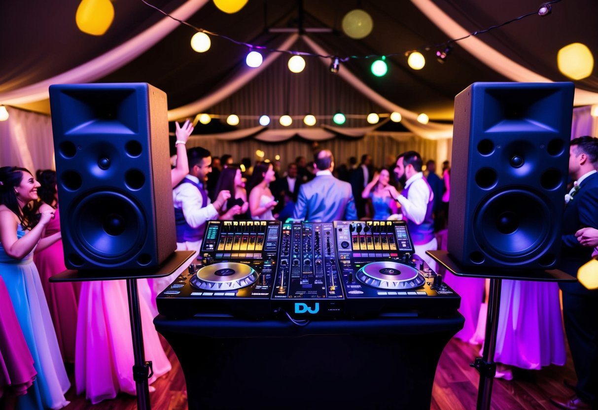 A DJ booth set up at a wedding ceremony, with speakers and mixers, surrounded by dancing guests and colorful lights