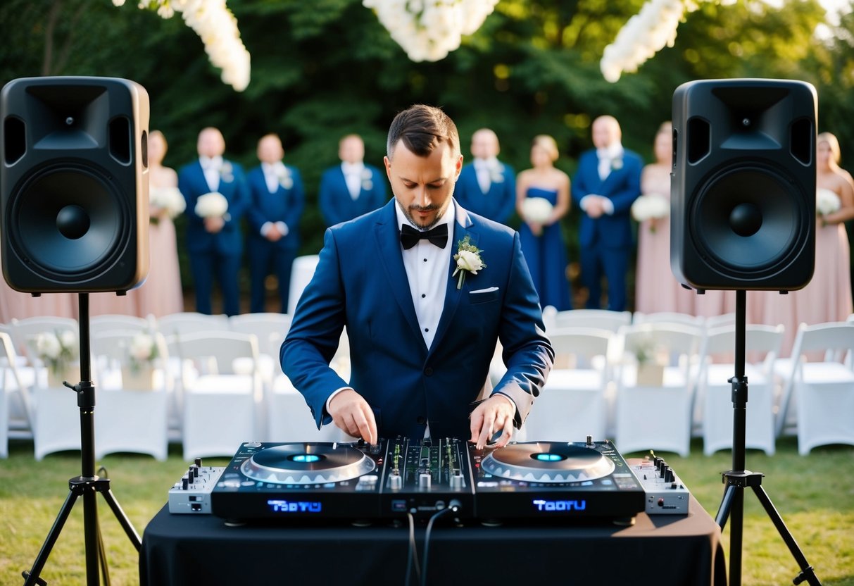 A DJ sets up equipment at the front of a wedding ceremony. Speakers, mixer, and turntables are arranged on a table