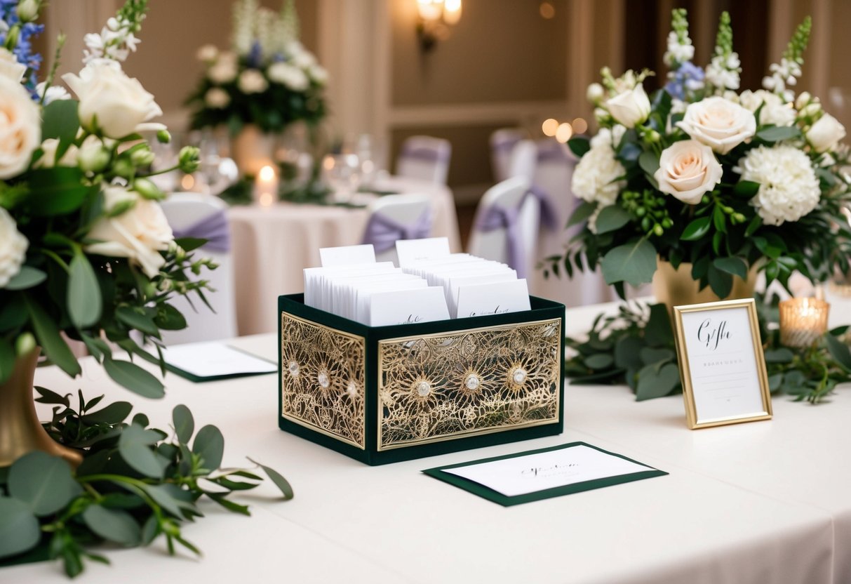 A wedding gift table with a decorative box for cards and envelopes, surrounded by floral arrangements and elegant decor