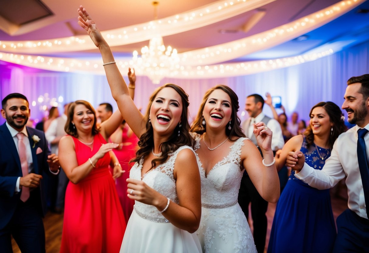 A joyful wedding celebration with lively music and guests dancing in a festive atmosphere