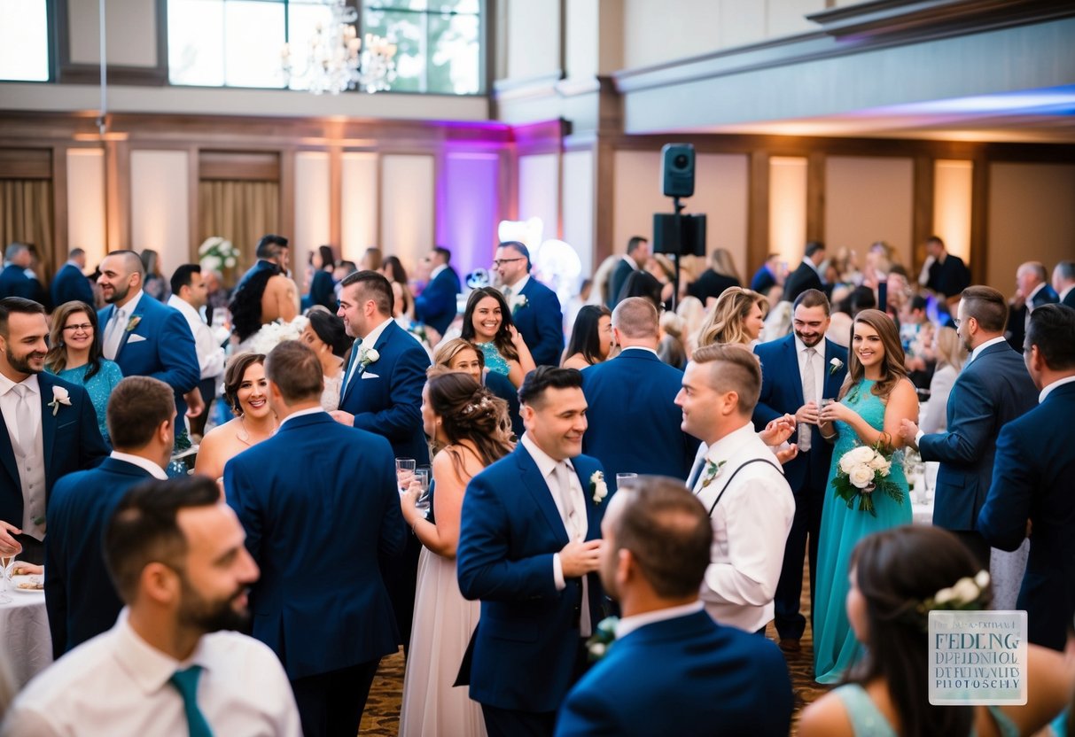 A wedding reception with guests mingling, chatting, and enjoying various entertainment options such as games, photo booths, and live music performances