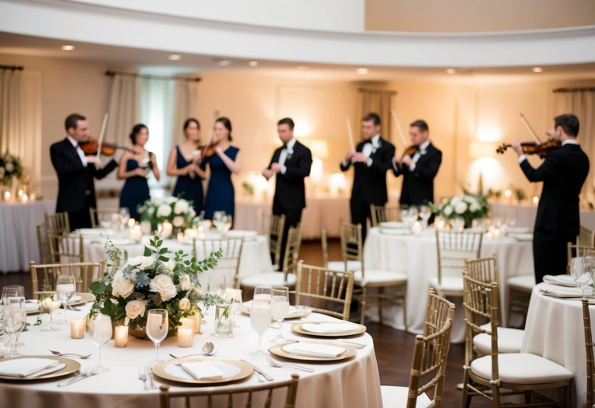 A serene wedding reception venue with elegant tables, chairs, and floral centerpieces. A string quartet plays in the background as guests mingle and enjoy their meals