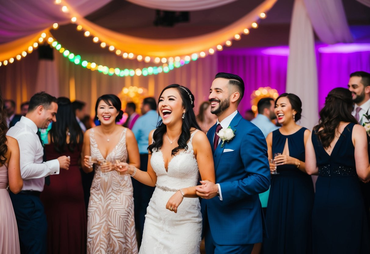 A wedding reception with colorful lights, music, and joyful guests mingling and laughing