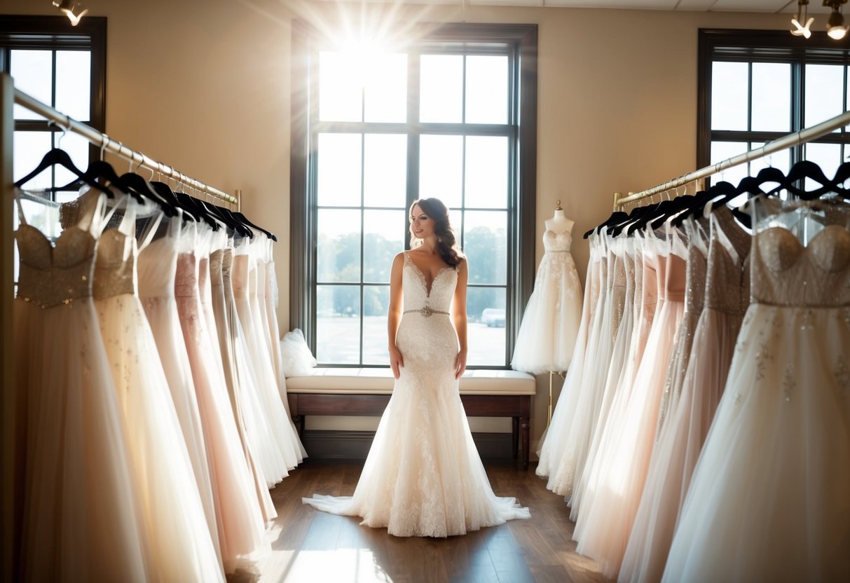 A woman stands in a bridal boutique, surrounded by racks of wedding dresses. The sunlight streams in through the windows, casting a warm glow over the room