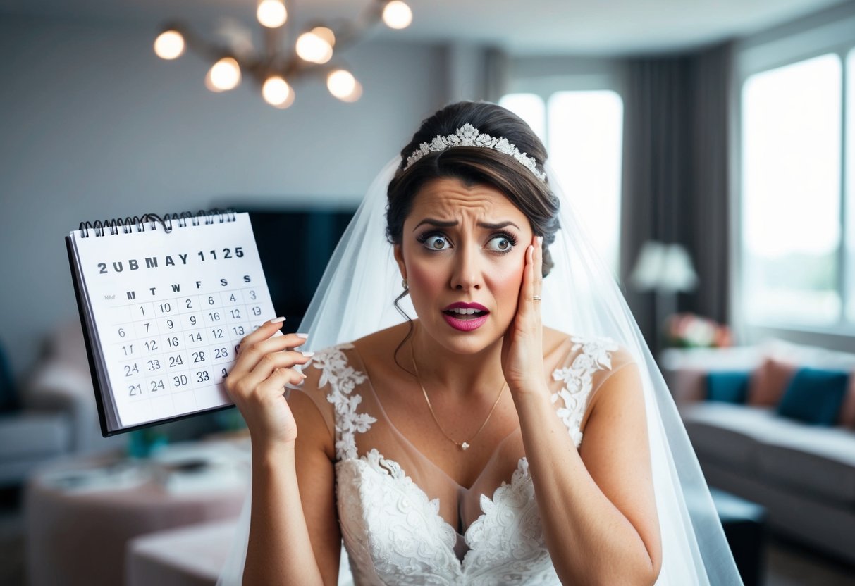 A bride-to-be looks dismayed as she realizes the wedding dress timeline, with a calendar in one hand and a worried expression on her face