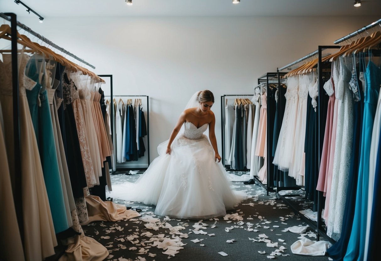 A bride surrounded by empty racks and scattered fabric, desperately searching for a wedding dress in a deserted boutique