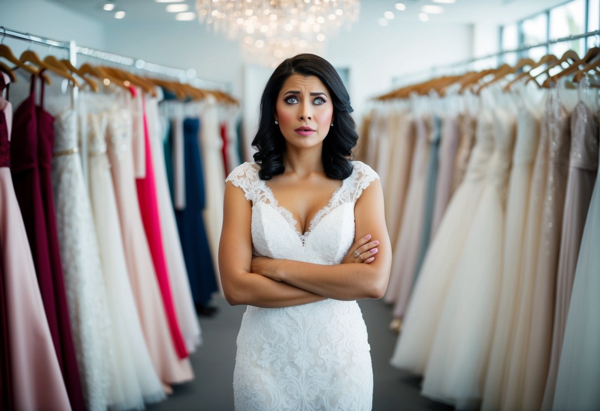 A woman standing in a bridal boutique, surrounded by racks of wedding dresses, with a worried expression on her face