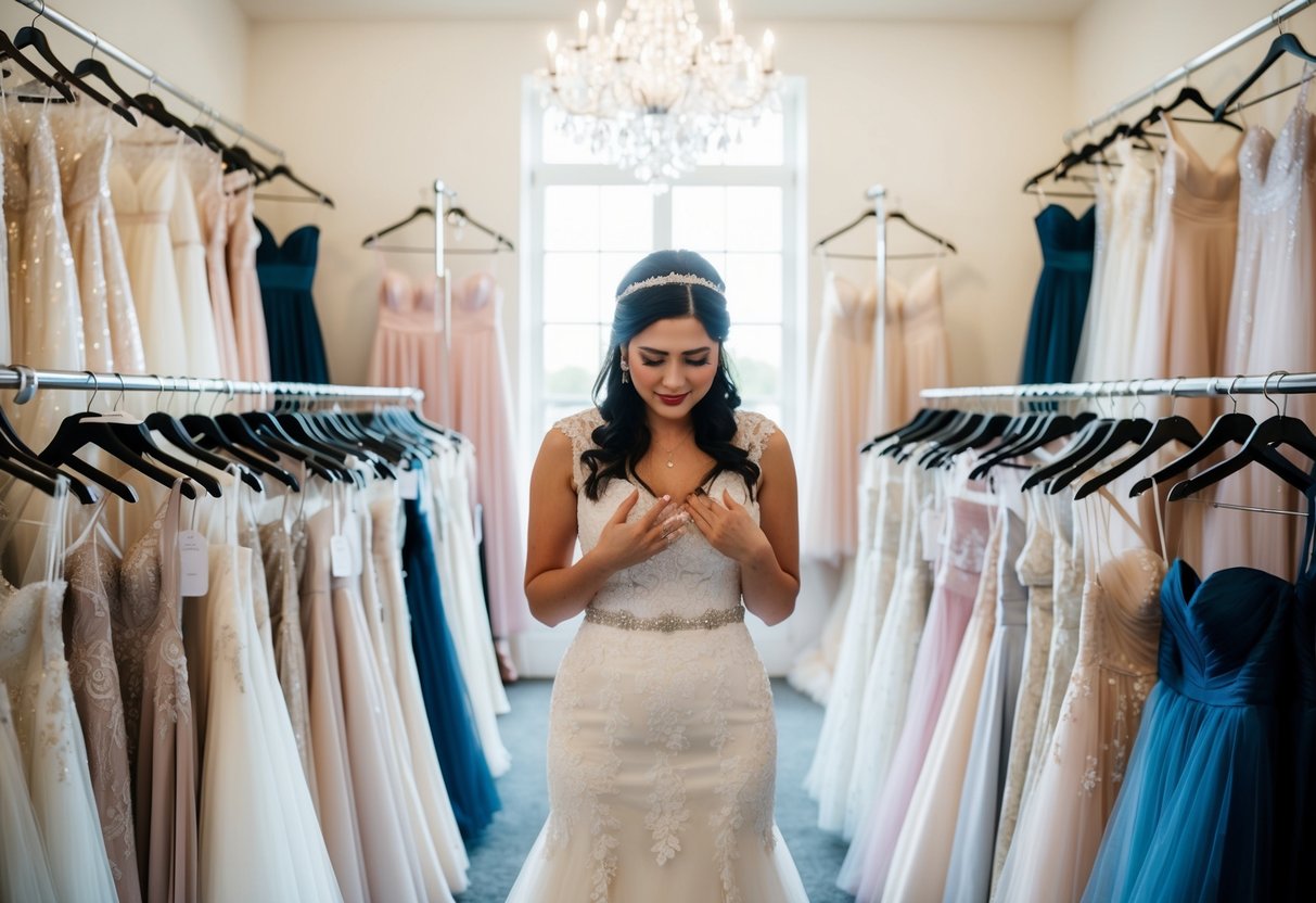 A bride-to-be standing in a bridal boutique surrounded by racks of wedding dresses, looking overwhelmed as she considers different special wedding themes