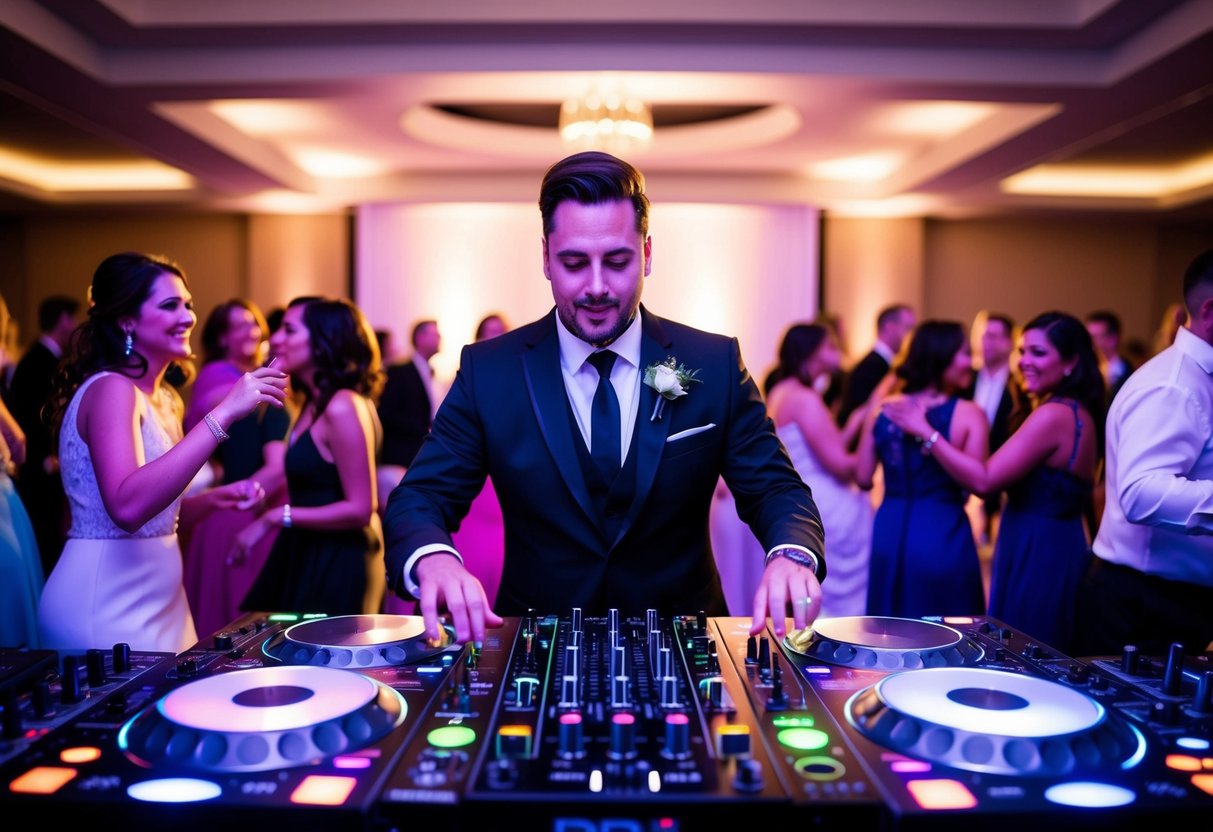A DJ stands behind a booth at a wedding reception, surrounded by dancing guests and colorful lights. The sound of music fills the air as the DJ mixes and plays songs