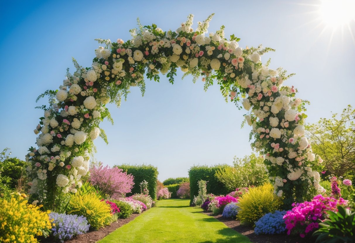 A floral archway in full bloom under a clear, sunny sky, surrounded by vibrant greenery and colorful blossoms, creating a picturesque setting for a wedding in May 2024