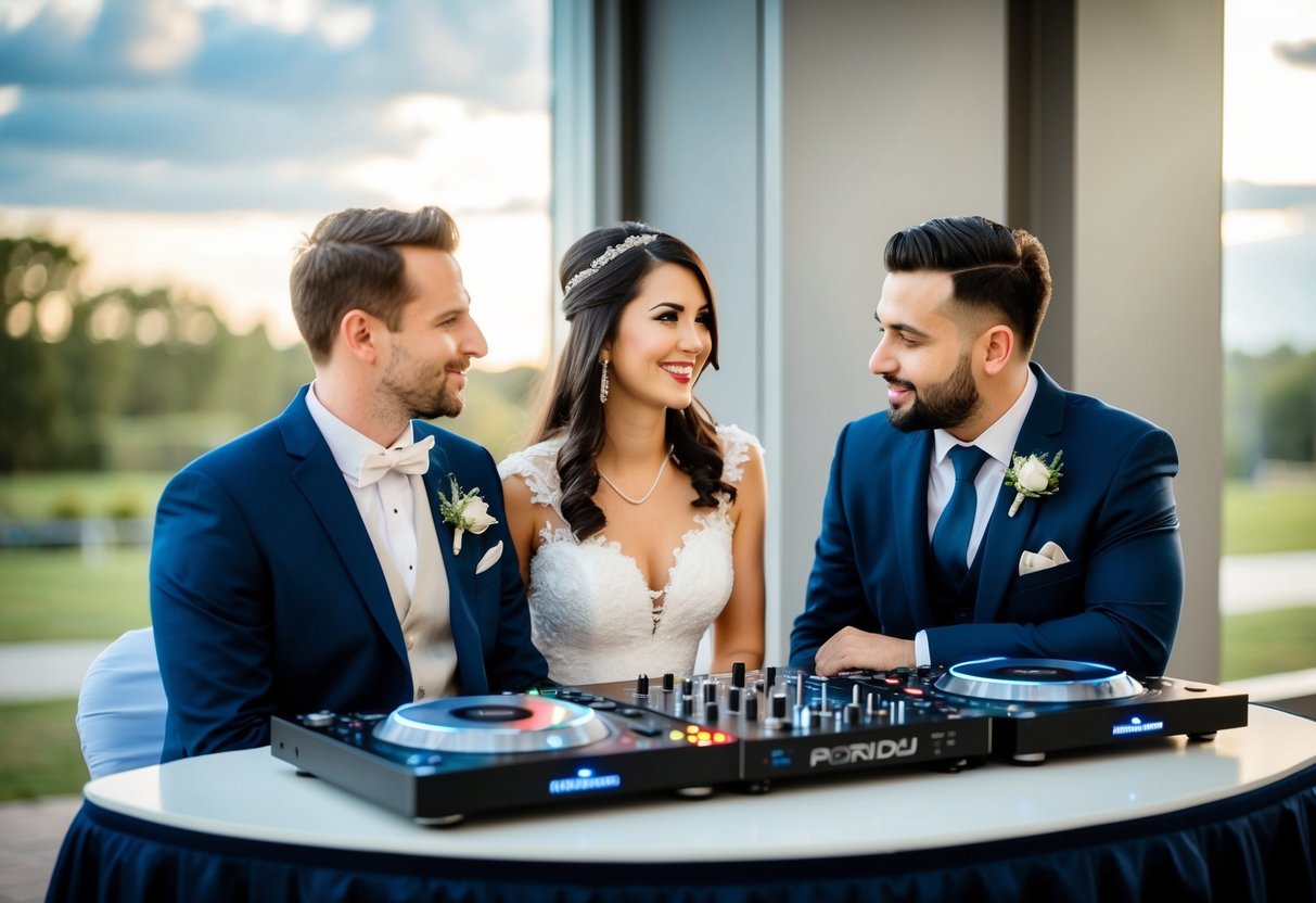 A couple sitting at a table with a wedding DJ, discussing music preferences and final details for their upcoming event