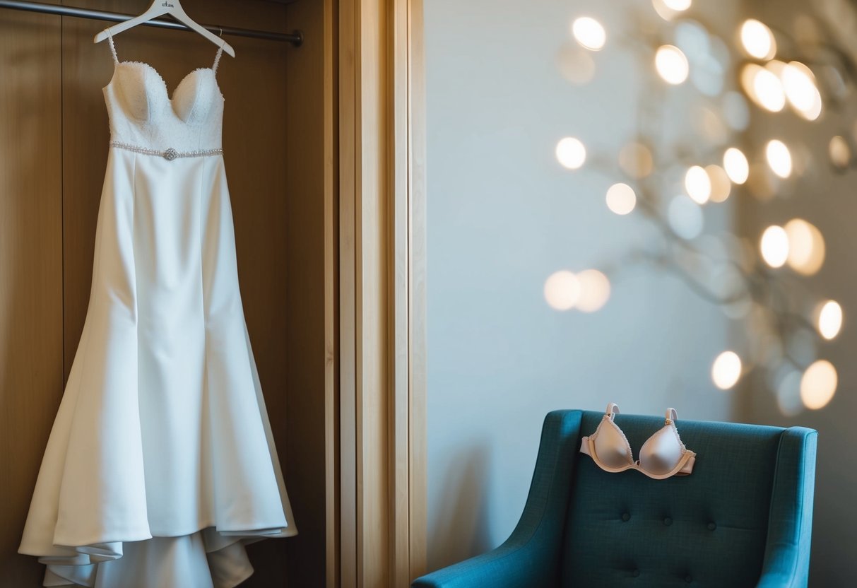 A wedding dress hanging in a fitting room, with a delicate bra lying on a nearby chair