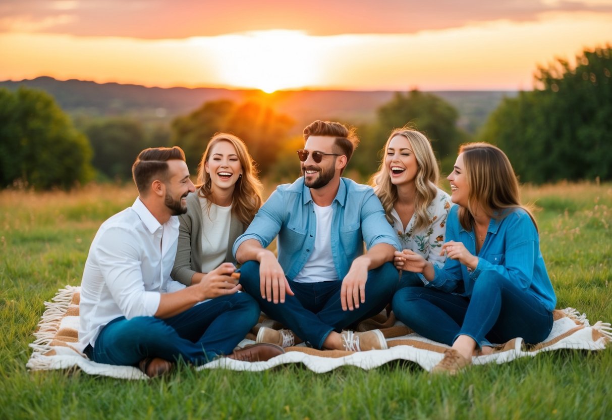 An outdoor setting with a beautiful sunset, a couple sitting on a blanket, surrounded by family and friends, laughing and enjoying each other's company