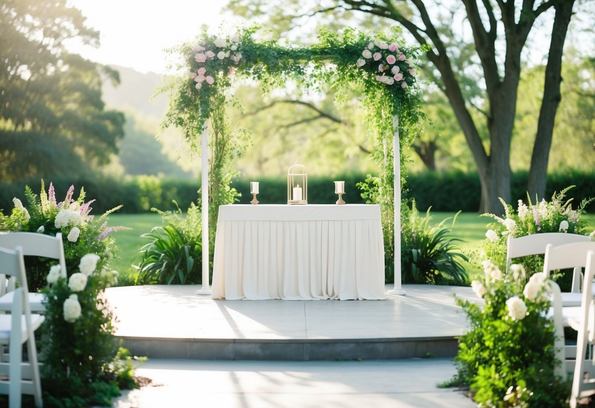A serene outdoor setting with a simple, elegant altar surrounded by lush greenery and blooming flowers, with soft sunlight filtering through the trees
