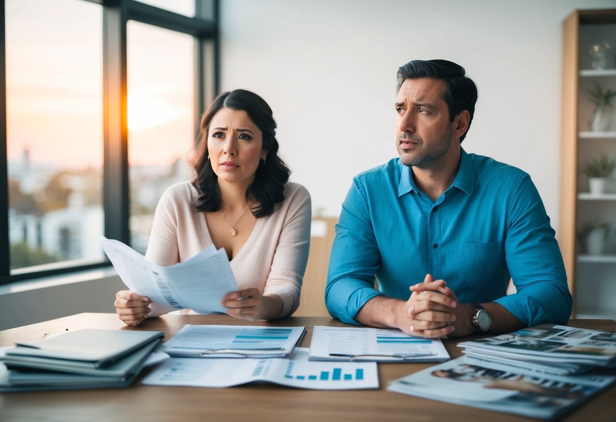 A couple sitting at a table, surrounded by budget spreadsheets and wedding magazines. The woman looks stressed, while the man looks concerned